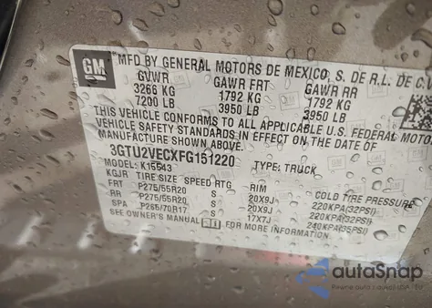 2015 GMC Sierra 1500 Slt z USA, uszkodzony, nr VIN 3GTU2VECXFG151220